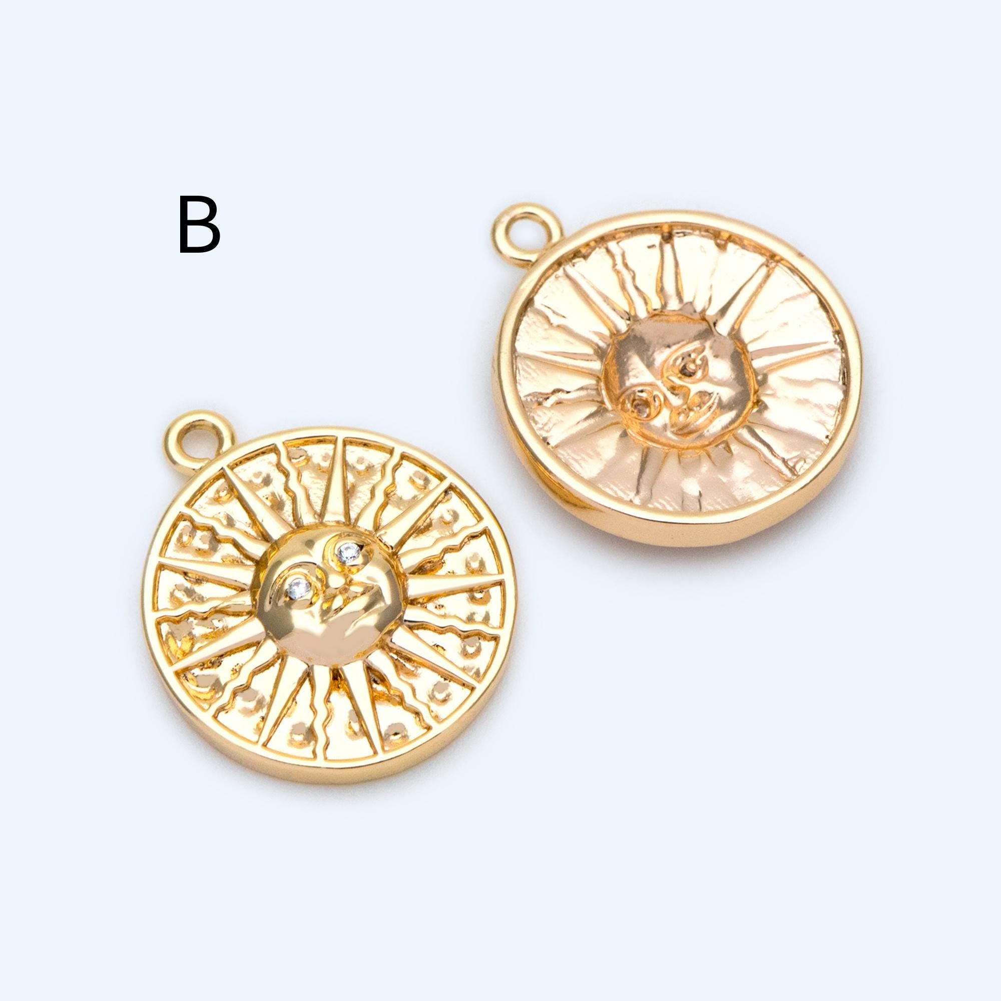 4pcs Gold Round Sun Charms , 18K Gold plated Brass, Disk Sun Pendants (GB-1232)